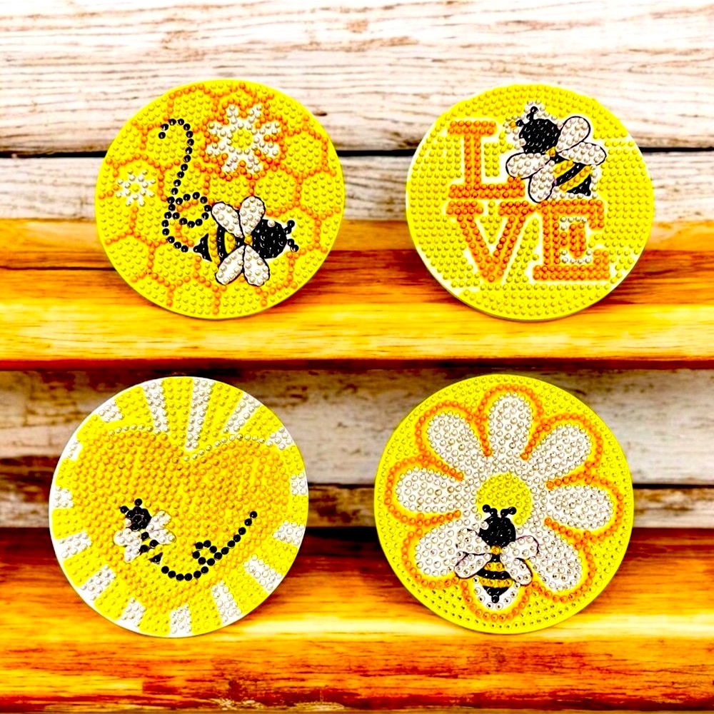 Bee Themed Coaster Set of 4 w/Holder Hand Crafted & Sealed Diamond Art 4” - Picture 3 of 3
